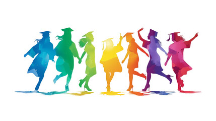 Colorful art watercolor painting illustration of many happy students in gowns, education, graduation study, university and labor market, graduate concept, transparent, cutout background