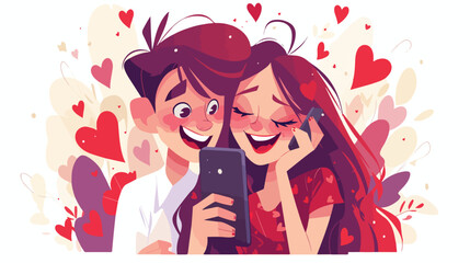 Happy love couple looking at mobile phone together.