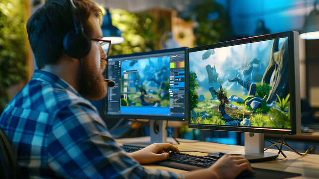 Caucasian Male Game Designer Using Desktop Computer With 3D Modeling Software To Design Unique Characters And worlds fo Immersive RPG Video Game. Man Working In Game Development Company Diverse Office