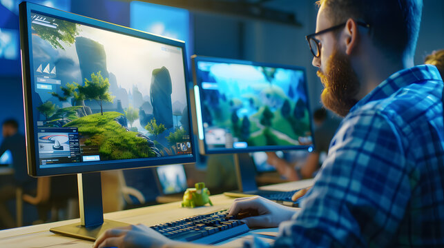 Caucasian Male Game Designer Using Desktop Computer With 3D Modeling Software To Design Unique Characters And worlds fo Immersive RPG Video Game. Man Working In Game Development Company Diverse Office