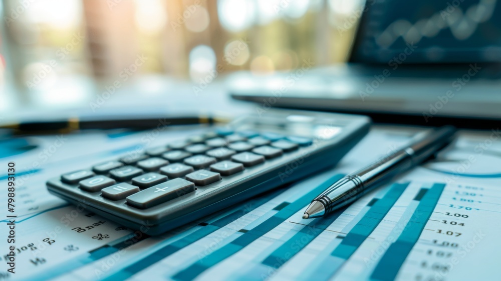 Poster a close-up of a calculator and pen on a desk surrounded by financial reports and graphs, illustratin