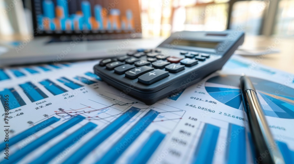 Poster a close-up of a calculator and pen on a desk surrounded by financial reports and graphs, illustratin