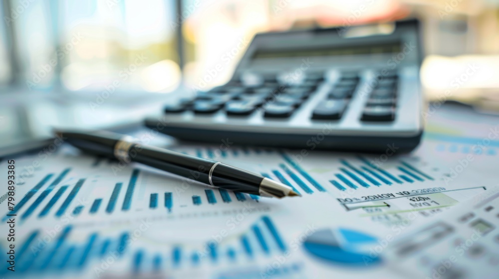 Poster a close-up of a calculator and pen on a desk surrounded by financial reports and graphs, illustratin