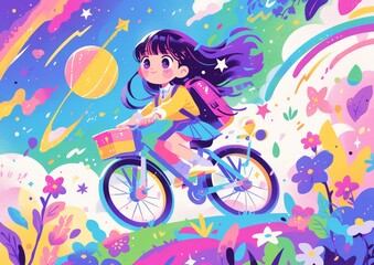 A girl riding an electric bike is flying in the air, with planets and stars around her. The character design features colorful cartoon illustration
