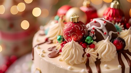 A close-up of a festive holiday cake decorated with edible ornaments and festive designs, bringing joy and sweetness to celebrations.