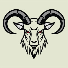 A goat head with horns and red eyes vector illustration isolated on light green background. The goat is looking at the camera.