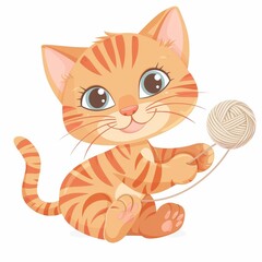 A cute orange and white cat is holding a ball of yarn in its mouth