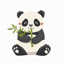 A cartoon panda bear is holding a bamboo stick in its mouth