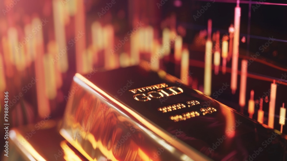 Poster A close-up of a golden bar with fluctuating gold price graphs in the background, symbolizing the dynamics of the gold market.