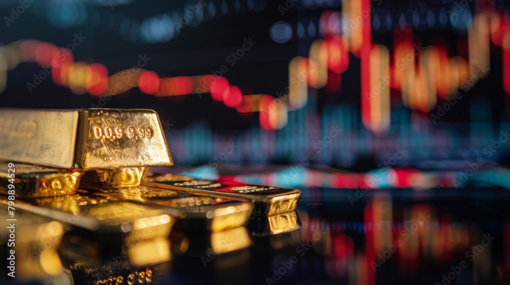 Poster A close-up of a golden bar with fluctuating gold price graphs in the background, symbolizing the dynamics of the gold market.