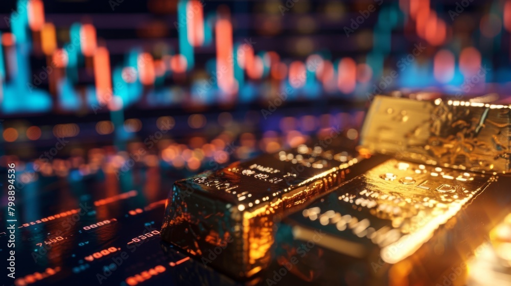 Poster A close-up of a golden bar with fluctuating gold price graphs in the background, symbolizing the dynamics of the gold market.