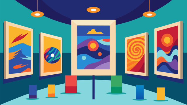 An exhibit of abstract paintings by artists with sensory processing disorder visually representing how they experience and interpret the world around. Vector illustration