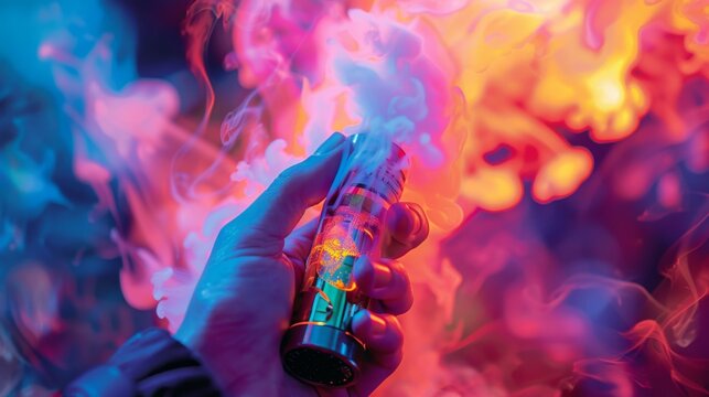 A close-up of a hand holding a colorful vape device emitting swirling clouds of flavored vapor.
