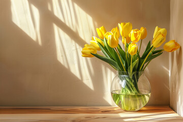 Fresh Yellow Tulips in Vase with Morning Light