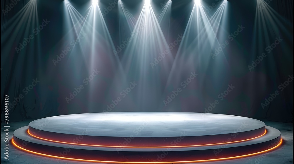 Poster Lighting from searchlights illuminates the round podium. Generative AI.