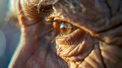 Close-up View of an Elderly Person's Eye. Wrinkled Skin Texture. Insightful Gaze Captured in Natural Light. Expressive Human Feature. AI