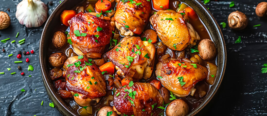 Coq au vin is a classic French dish consisting of chicken braised with red wine, mushrooms, onions, garlic, and sometimes bacon or lardons