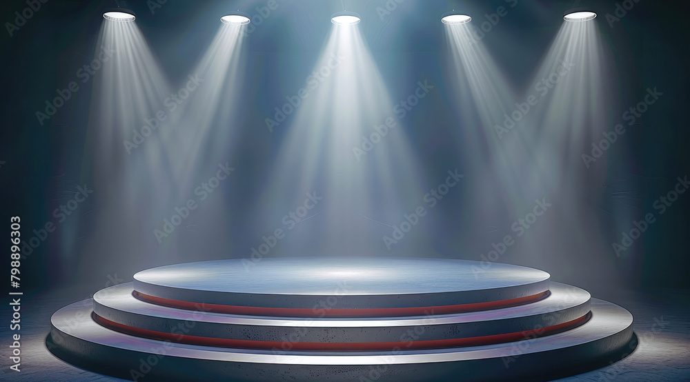 Aufkleber lighting from searchlights illuminates the round podium. generative ai.