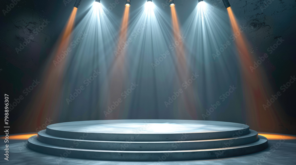 Aufkleber lighting from searchlights illuminates the round podium. generative ai.