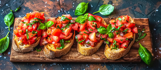 Bruschetta is an Italian appetizer made with grilled bread rubbed with garlic and topped with diced tomatoes, fresh basil, olive oil, and salt - obrazy, fototapety, plakaty