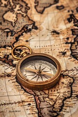 Fototapeta na wymiar Retro magnetic compass placed on a world map, evoking themes of travel, geography, history, navigation, tourism, and exploration.