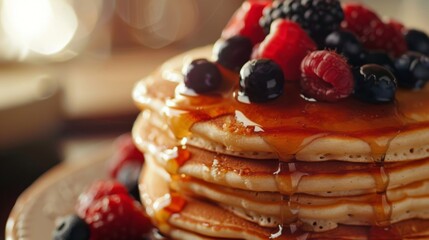 A close-up of a stack of fluffy pancakes topped with fresh berries and drizzled with maple syrup, a classic breakfast favorite.