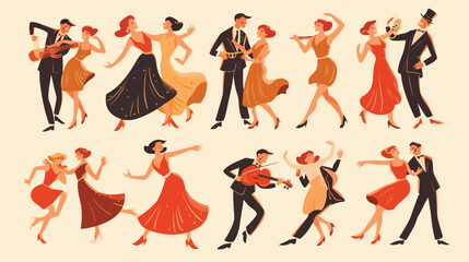 Happy people in retro-styled clothes dancing to fun