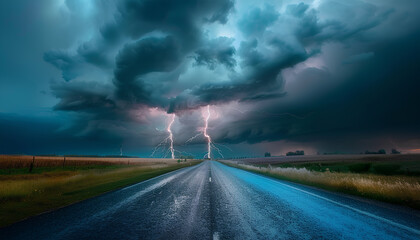 asphalt road through fields going beyond horizon in sky in distance there is thunderstorm with lightning