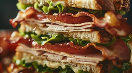 A close-up of a stacked club sandwich with layers of turkey, bacon, lettuce, tomato, and mayonnaise, ready to be enjoyed for lunch.