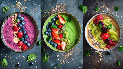 Three bowls of colorful smoothies topped with fresh fruit