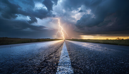 asphalt road through fields going beyond horizon in sky in distance there is thunderstorm with lightning