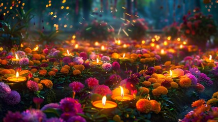 Fototapeta na wymiar Amidst the serene Diwali night, a vast garden comes to life with vibrant colors as flowers bloom under the moonlit sky