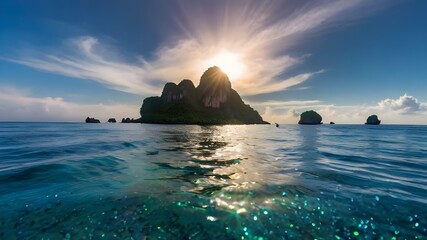 Blue sea and small island with sunrise 