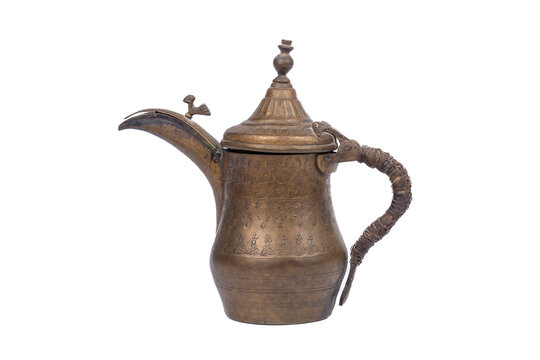Vintage Arabic Dallah Brass Coffee Pot on White Background - Middle Eastern Bedouin Tea Tradition