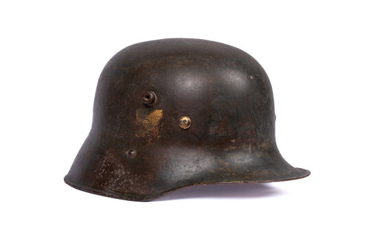 Vintage German Steel Helmet WWII Military Collectible on White Background