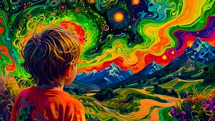 abstract art a boy with moutrain and sky background 