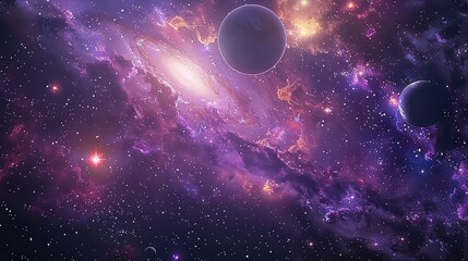 In space view of an alien galaxy with a lot of stars, planets, and a purple moon. Generative AI.