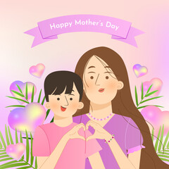 Mothers Day card with flat character family illustration, 3d hearts and blurred gradient background