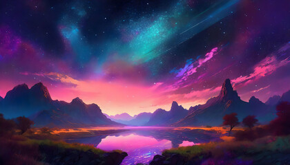 Beautiful scenic view of the red soft sunset over a lake on digital art concept, Generative AI.