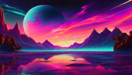 Beautiful scenic view of the red soft sunset over a lake on digital art concept, Generative AI.