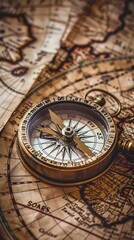 Naklejka premium Retro magnetic compass placed on a world map, evoking themes of travel, geography, history, navigation, tourism, and exploration.