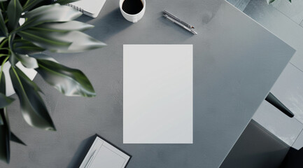 a4 piece of blank paper a grey table modern desk very slight angle, photo taken from above 