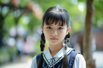 Portrait of a young schoolgirl with braids wearing a school uniform, captured with a soft-focus background in a natural outdoor setting, conveying innocence and the essence of youth