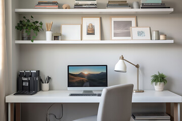 modern minimalist home office setup setup with computer on wooden desk, surrounded by organized bookshelves. Generative AI