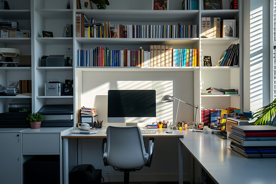 modern minimalist home office setup setup with computer on wooden desk, surrounded by organized bookshelves. Generative AI