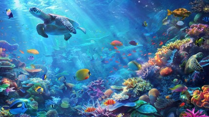 Fototapeta na wymiar A colorful coral reef bustling with tropical fish, sea turtles, and other marine creatures in an underwater paradise.