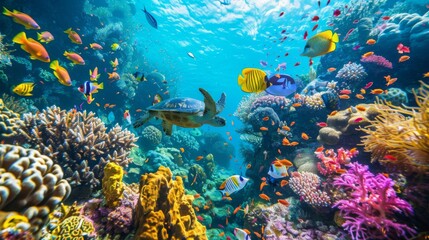 Fototapeta na wymiar A colorful coral reef bustling with tropical fish, sea turtles, and other marine creatures in an underwater paradise.