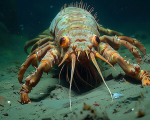 A grotesque deepsea isopod with multiple eyes on segmented stalks scavenging for food on the ocean floor