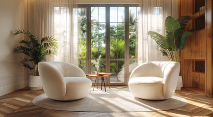 Modern living room interior with a white sofa and armchair near a window on a wooden floor in the style of a modern home design. Generative AI.
