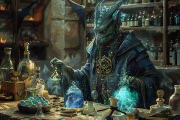A naga alchemist in its laboratory surrounded by bubbling potions and strange glowing crystals